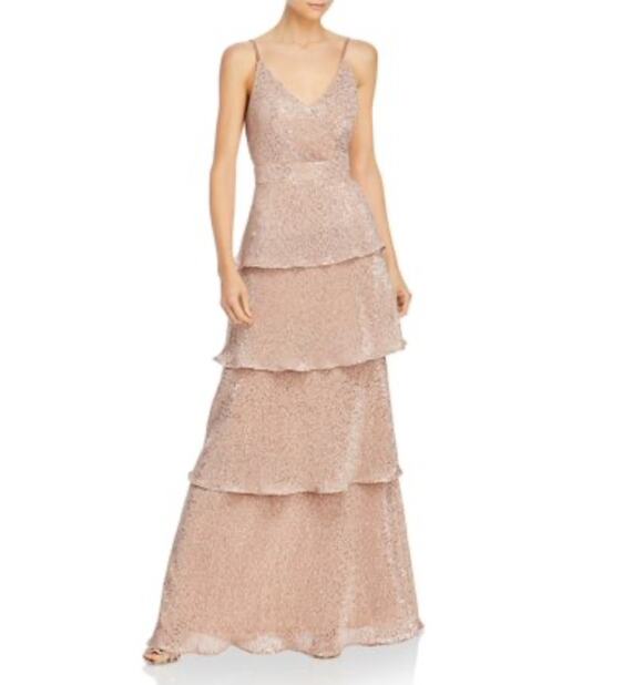 Aqua Dresses & Skirts - AQUA Rose Gold Pink Evening Gown Sequined Tiered Ruffle A-Line Dress Size 4